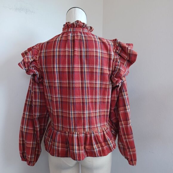 Blank NYC Top Red Plaid Flannel Ruffle Long Sleeves Boho Popover Womens Med - Picture 3 of 14